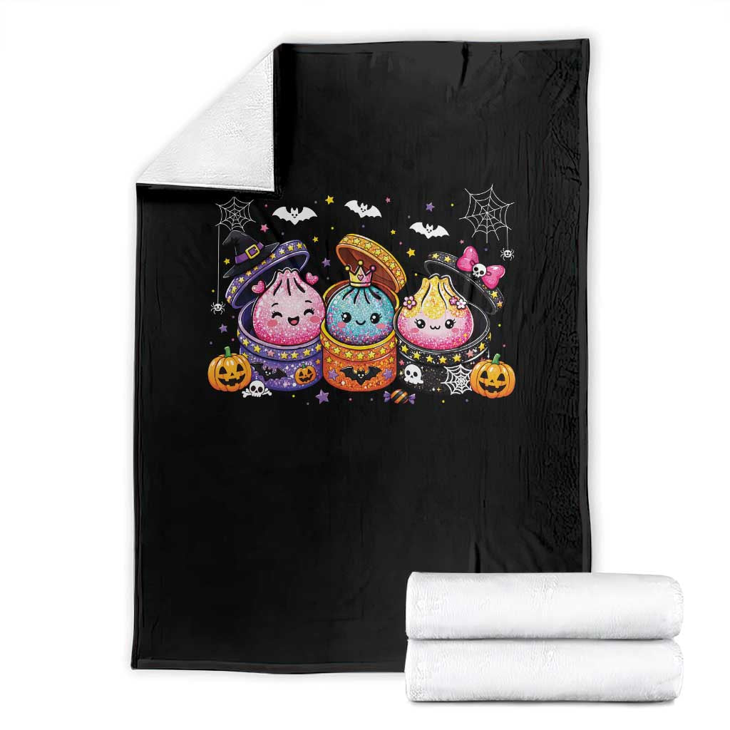 Cute Halloween Glitter Dumplings in Spooky Steamers Graphic Throw Blanket Kawaii Pumpkin Bat Witch