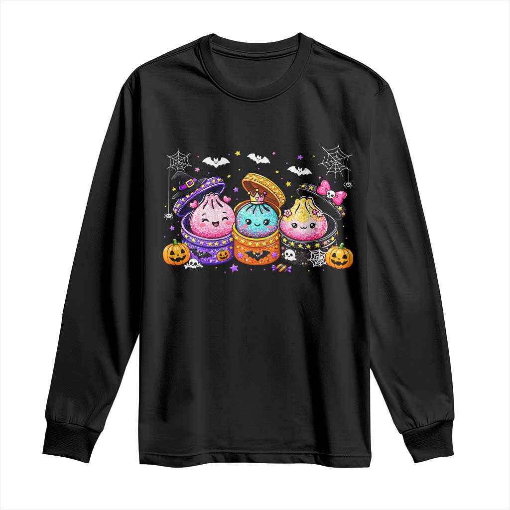 Cute Halloween Glitter Dumplings in Spooky Steamers Graphic Long Sleeve Shirt Kawaii Pumpkin Bat Witch