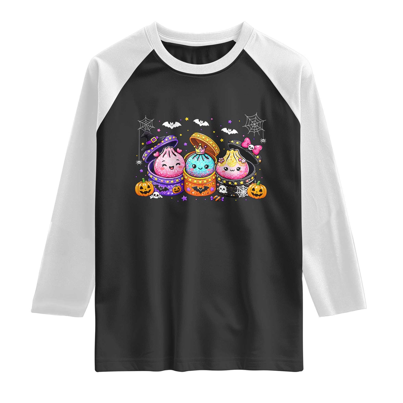 Cute Halloween Glitter Dumplings in Spooky Steamers Graphic Raglan Shirt Kawaii Pumpkin Bat Witch