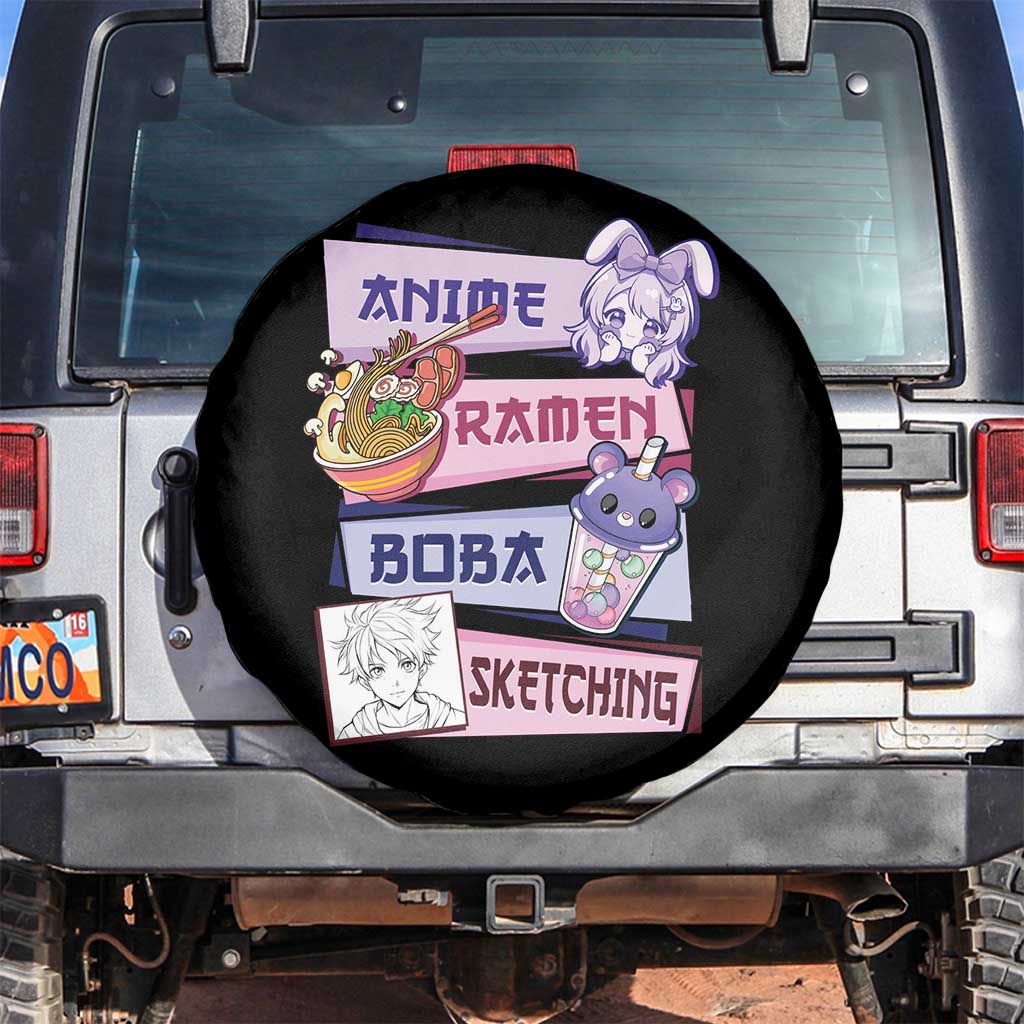 Anime Ramen Boba Sketching Spare Tire Cover Kawaii Girl Bubble Tea Otaku Manga Lover Japanese Pop Culture TS02 No hole Black Print Your Wear