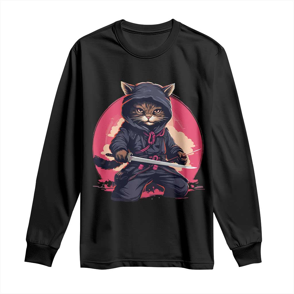 Japanese Ninja Cat Long Sleeve Shirt Ancient Japan Warrior Samurai Tattoo Kawaii Vintage TS02 Black Print Your Wear