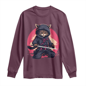 Japanese Ninja Cat Long Sleeve Shirt Ancient Japan Warrior Samurai Tattoo Kawaii Vintage TS02 Maroon Print Your Wear