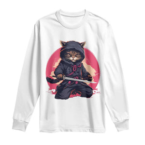 Japanese Ninja Cat Long Sleeve Shirt Ancient Japan Warrior Samurai Tattoo Kawaii Vintage TS02 White Print Your Wear