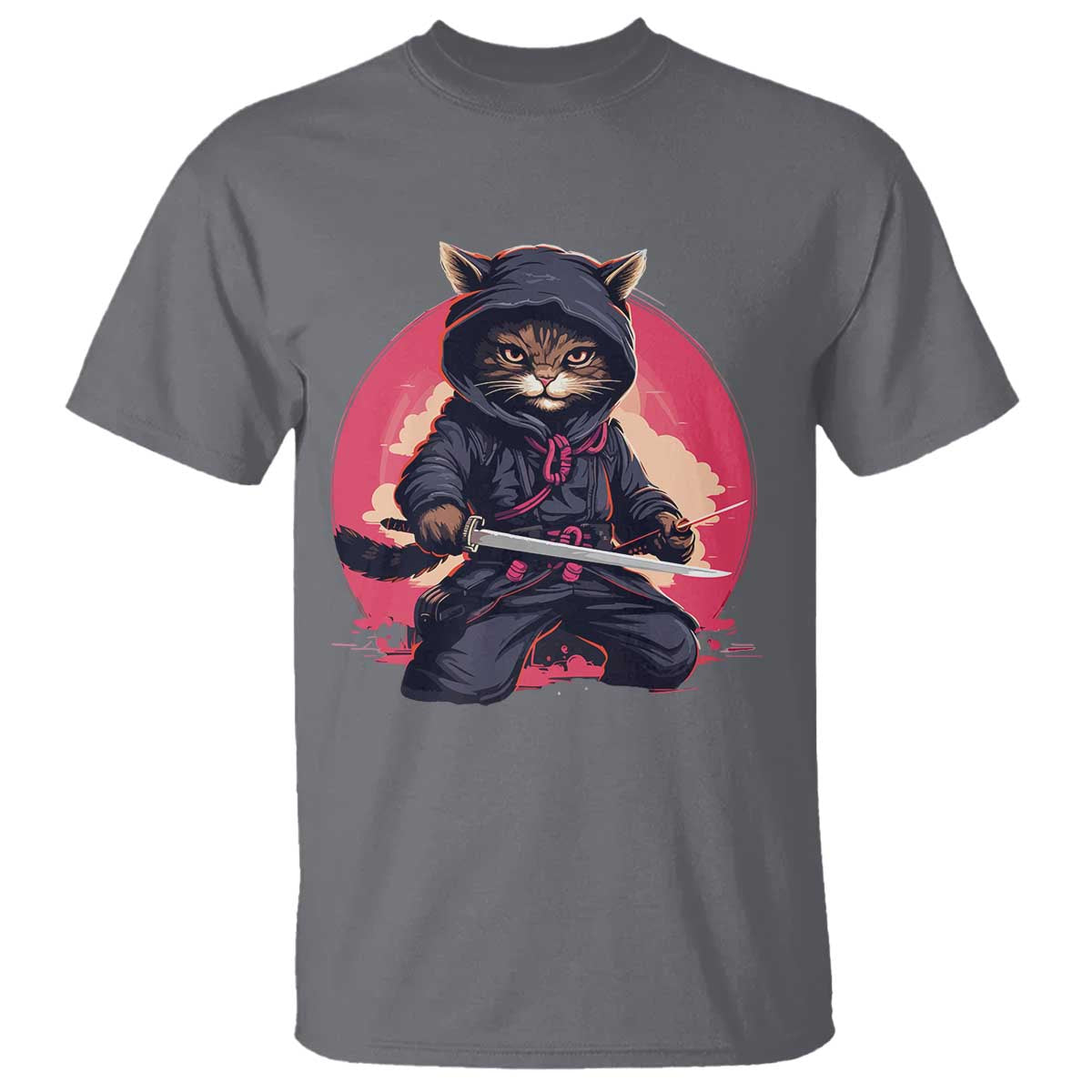 Japanese Ninja Cat T Shirt Ancient Japan Warrior Samurai Tattoo Kawaii Vintage TS02 Charcoal Print Your Wear