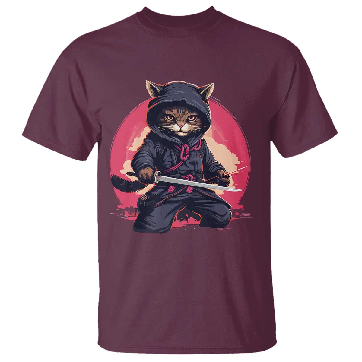 Japanese Ninja Cat T Shirt Ancient Japan Warrior Samurai Tattoo Kawaii Vintage TS02 Maroon Print Your Wear