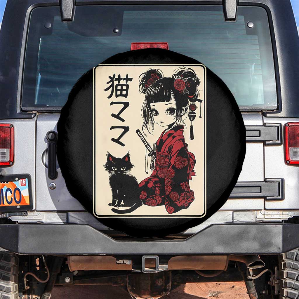 Japanese Gothic Kawaii Anime Samurai Cat Spare Tire Cover Japan Female Bushido Graphic With Kanji Retro Vintage TS02 No hole Black Print Your Wear