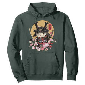 Japanese Samurai Cat Hoodie Ancient Ninja Kitten Warrior Tattoo Kawaii Otaku Retro TS02 Dark Forest Green Print Your Wear