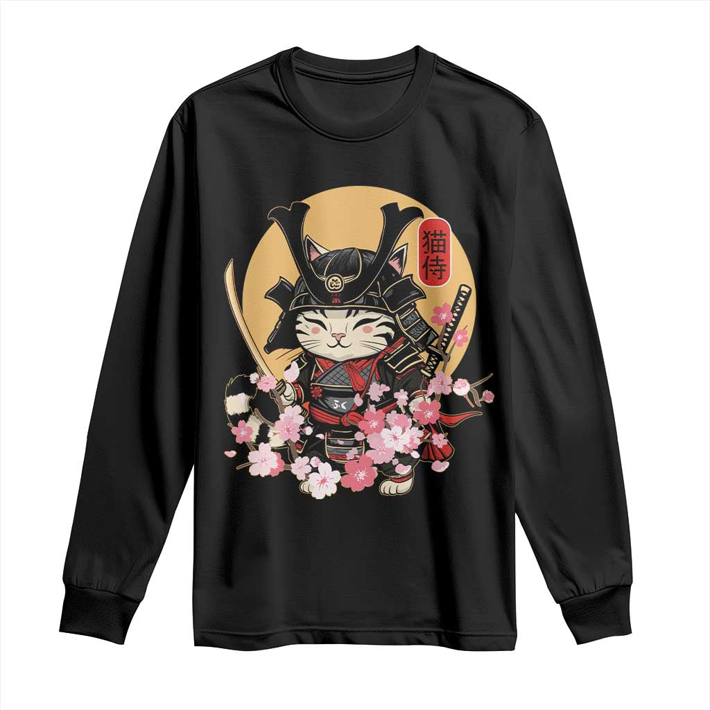 Japanese Samurai Cat Long Sleeve Shirt Ancient Ninja Kitten Warrior Tattoo Kawaii Otaku Retro TS02 Black Print Your Wear