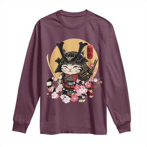 Japanese Samurai Cat Long Sleeve Shirt Ancient Ninja Kitten Warrior Tattoo Kawaii Otaku Retro TS02 Maroon Print Your Wear