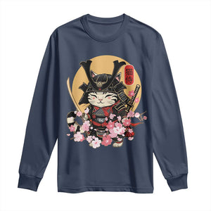 Japanese Samurai Cat Long Sleeve Shirt Ancient Ninja Kitten Warrior Tattoo Kawaii Otaku Retro TS02 Navy Print Your Wear