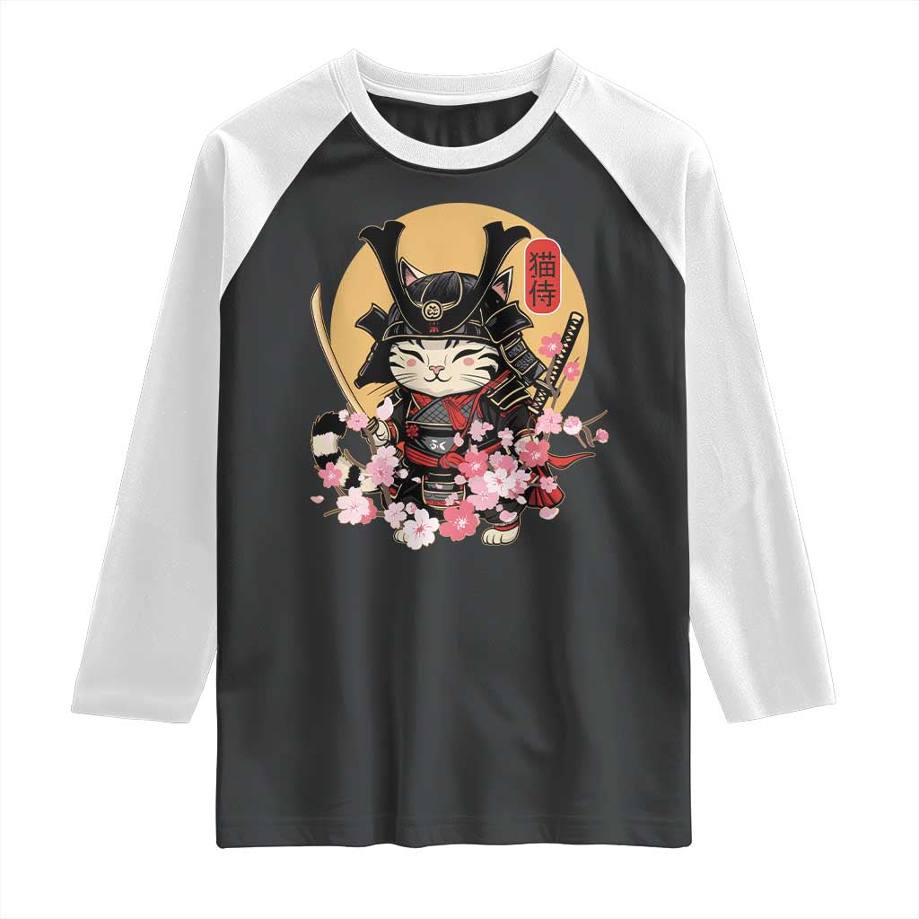 Japanese Samurai Cat Raglan Shirt Ancient Ninja Kitten Warrior Tattoo Kawaii Otaku Retro TS02 Black White Print Your Wear