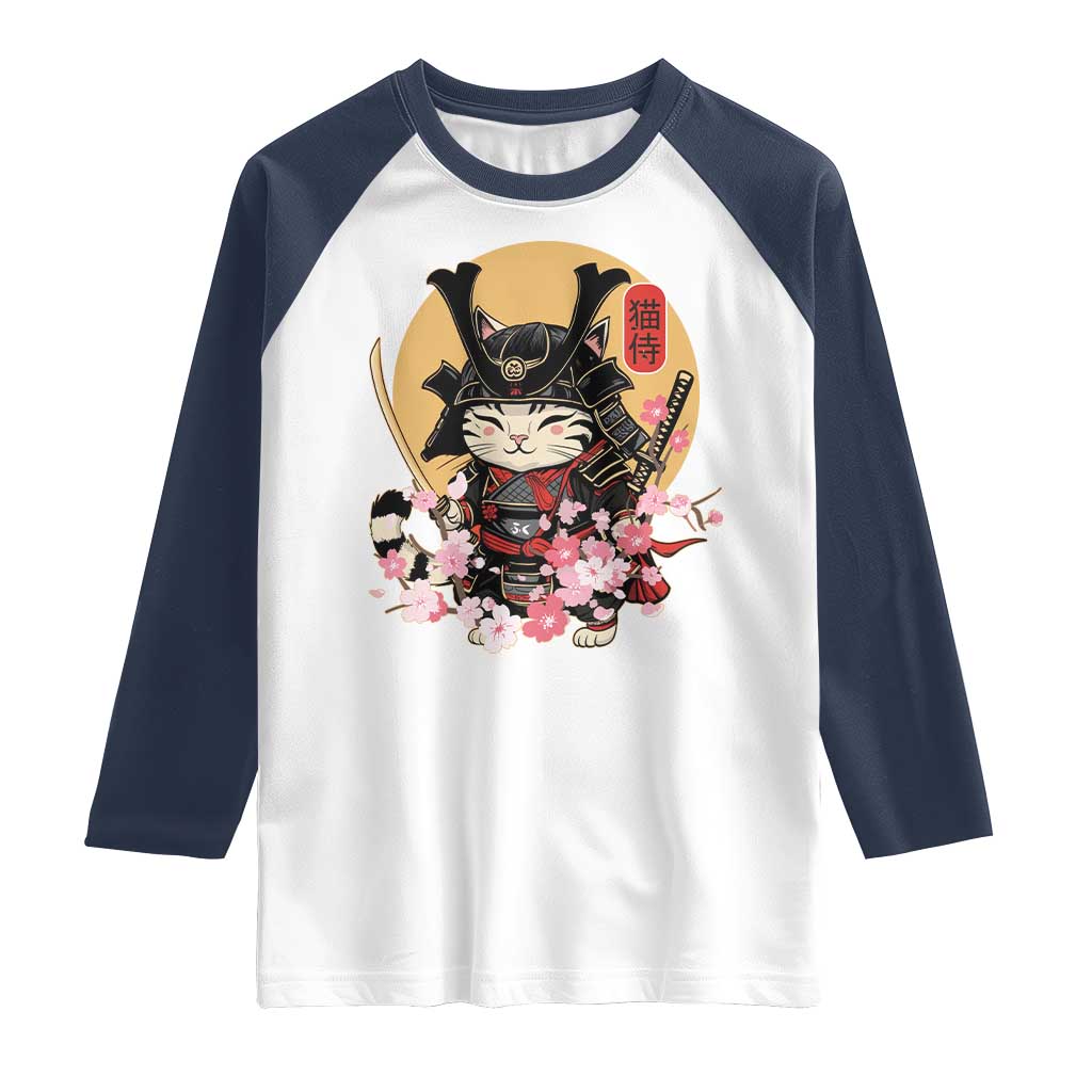 Japanese Samurai Cat Raglan Shirt Ancient Ninja Kitten Warrior Tattoo Kawaii Otaku Retro TS02 White Navy Print Your Wear