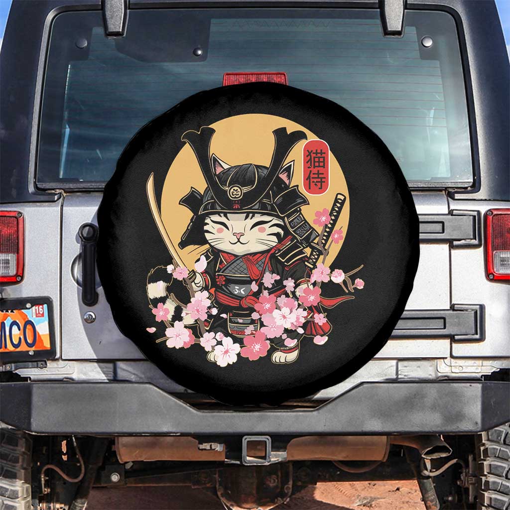 Japanese Samurai Cat Spare Tire Cover Ancient Ninja Kitten Warrior Tattoo Kawaii Otaku Retro TS02 No hole Black Print Your Wear