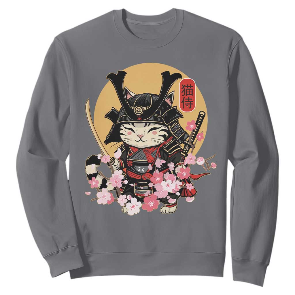 Japanese Samurai Cat Sweatshirt Ancient Ninja Kitten Warrior Tattoo Kawaii Otaku Retro TS02 Charcoal Print Your Wear