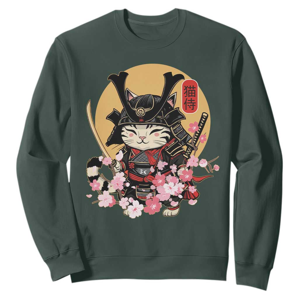 Japanese Samurai Cat Sweatshirt Ancient Ninja Kitten Warrior Tattoo Kawaii Otaku Retro TS02 Dark Forest Green Print Your Wear