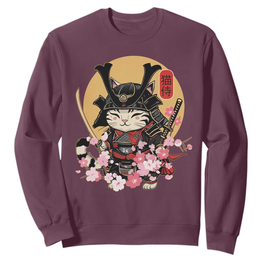 Japanese Samurai Cat Sweatshirt Ancient Ninja Kitten Warrior Tattoo Kawaii Otaku Retro TS02 Maroon Print Your Wear
