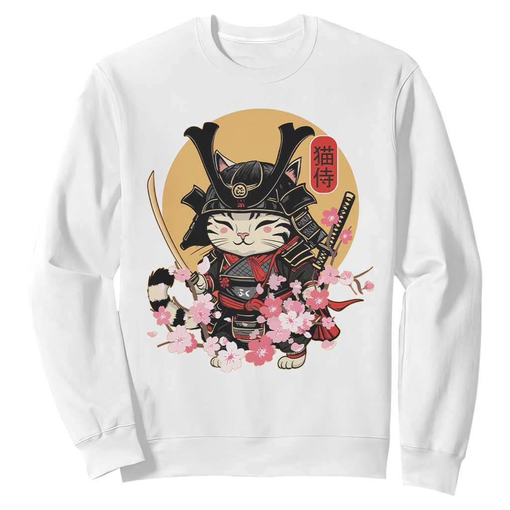 Japanese Samurai Cat Sweatshirt Ancient Ninja Kitten Warrior Tattoo Kawaii Otaku Retro TS02 White Print Your Wear
