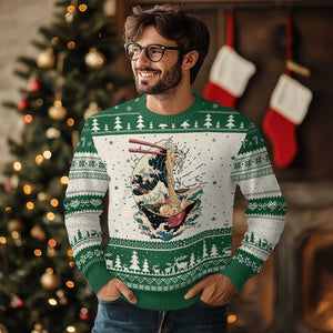 Japanese Kanagawa Wave Ramen Bowl Graphic Ugly Christmas Sweater Retro Anime Noodles Art TS02 Green Print Your Wear