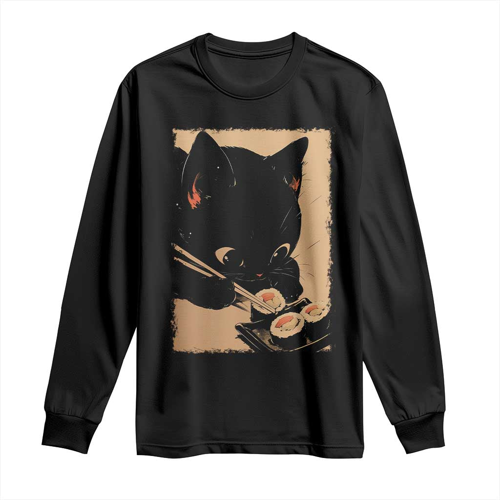 Kawaii Cat Eating Sushi Long Sleeve Shirt Japanese Anime Manga Otaku Retro Vintage Graphic TS02 Black Print Your Wear