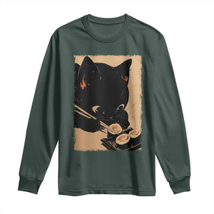 Kawaii Cat Eating Sushi Long Sleeve Shirt Japanese Anime Manga Otaku Retro Vintage Graphic TS02 Dark Forest Green Print Your Wear