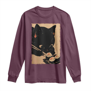 Kawaii Cat Eating Sushi Long Sleeve Shirt Japanese Anime Manga Otaku Retro Vintage Graphic TS02 Maroon Print Your Wear