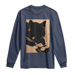 Kawaii Cat Eating Sushi Long Sleeve Shirt Japanese Anime Manga Otaku Retro Vintage Graphic TS02 Navy Print Your Wear