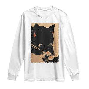 Kawaii Cat Eating Sushi Long Sleeve Shirt Japanese Anime Manga Otaku Retro Vintage Graphic TS02 White Print Your Wear