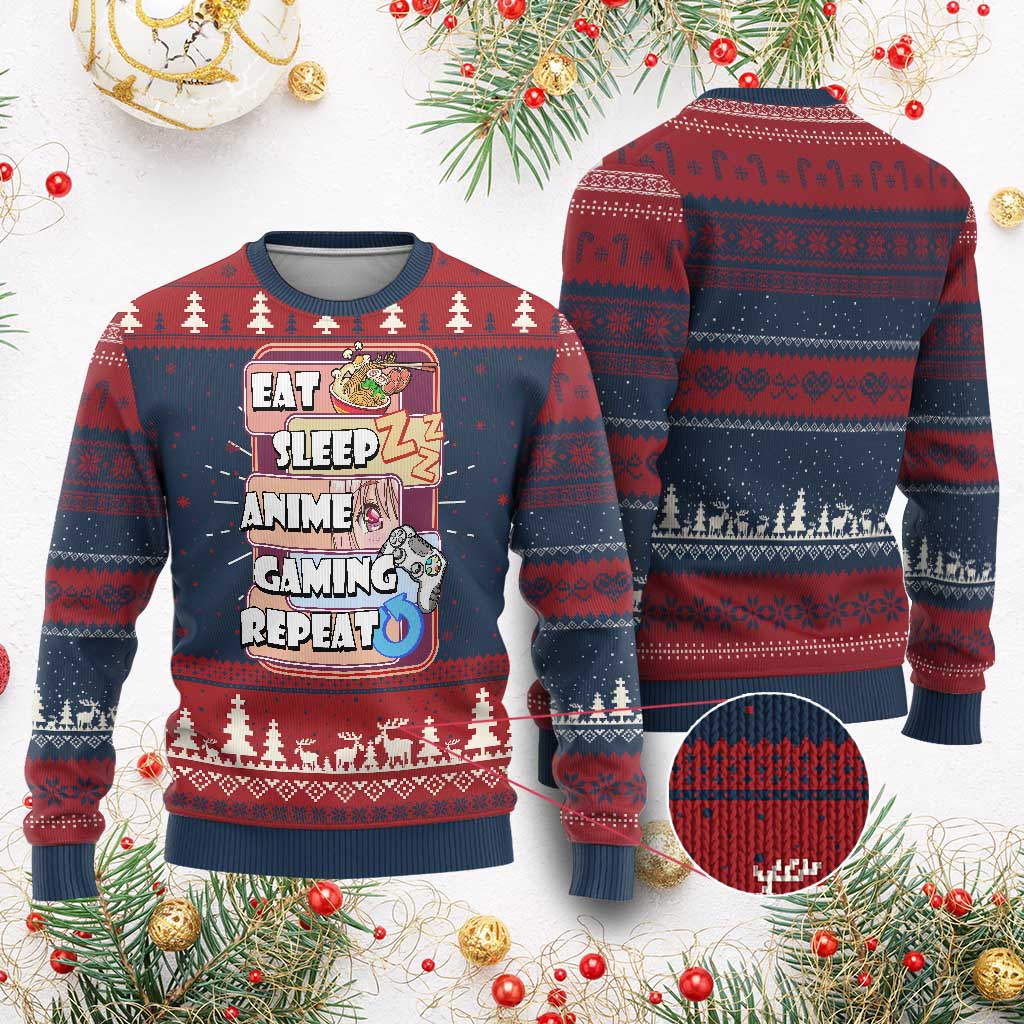 Eat Sleep Anime Gaming Repeat Ugly Christmas Sweater Kawaii Otaku Manga Ramen Lover TS02 Burgundy Print Your Wear