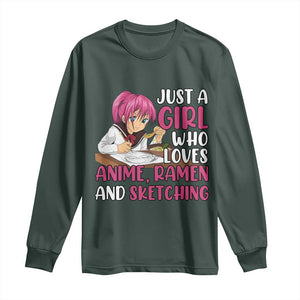 Just A Girl Who Loves Anime Ramen And Sketching Long Sleeve Shirt Japan Kawaii Otaku Manga Lover TS02 Dark Forest Green Print Your Wear