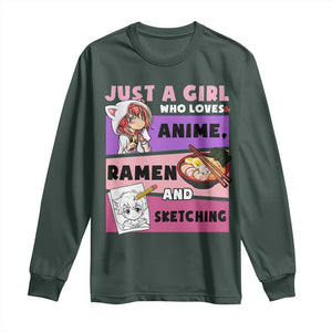 Just A Girl Who Loves Anime Ramen And Sketching Long Sleeve Shirt Cute Japan Kawaii Otaku Manga Lover TS02 Dark Forest Green Print Your Wear