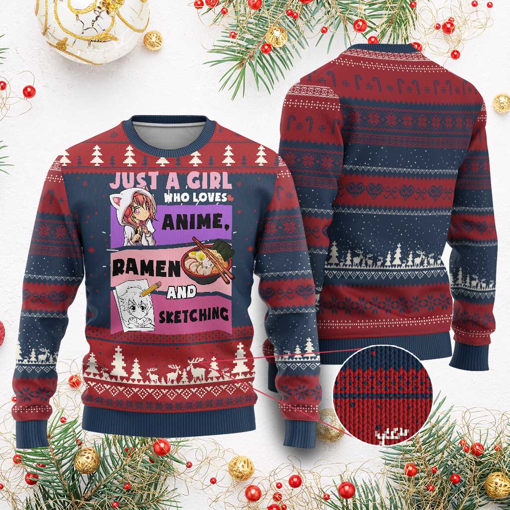 Just A Girl Who Loves Anime Ramen And Sketching Ugly Christmas Sweater Cute Japan Kawaii Otaku Manga Lover TS02 Burgundy Print Your Wear