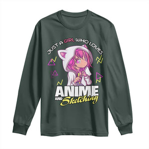 Just A Girl Who Loves Anime and Sketching Long Sleeve Shirt Japan Kawaii Otaku Manga Lover TS02 Dark Forest Green Print Your Wear