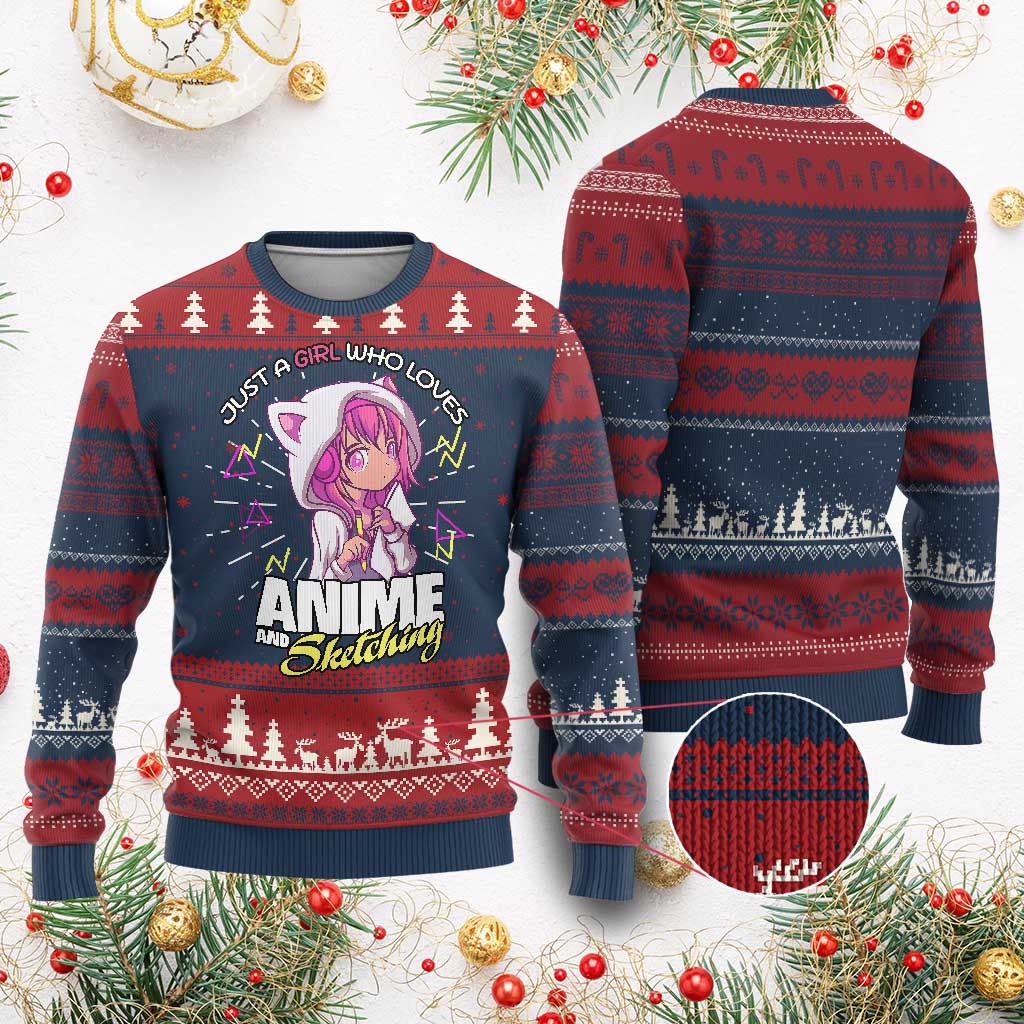 Just A Girl Who Loves Anime and Sketching Ugly Christmas Sweater Japan Kawaii Otaku Manga Lover TS02 Burgundy Print Your Wear