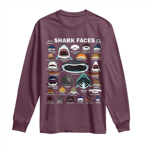 Shark Faces Long Sleeve Shirt Type Of Sharks Identification Marine Biology TS02 Maroon Print Your Wear