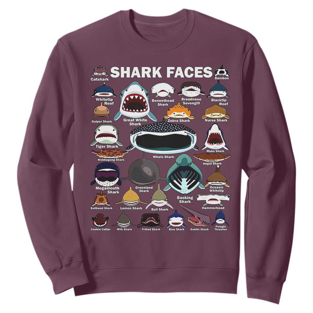 Shark Faces Sweatshirt Type Of Sharks Identification Marine Biology TS02 Maroon Print Your Wear
