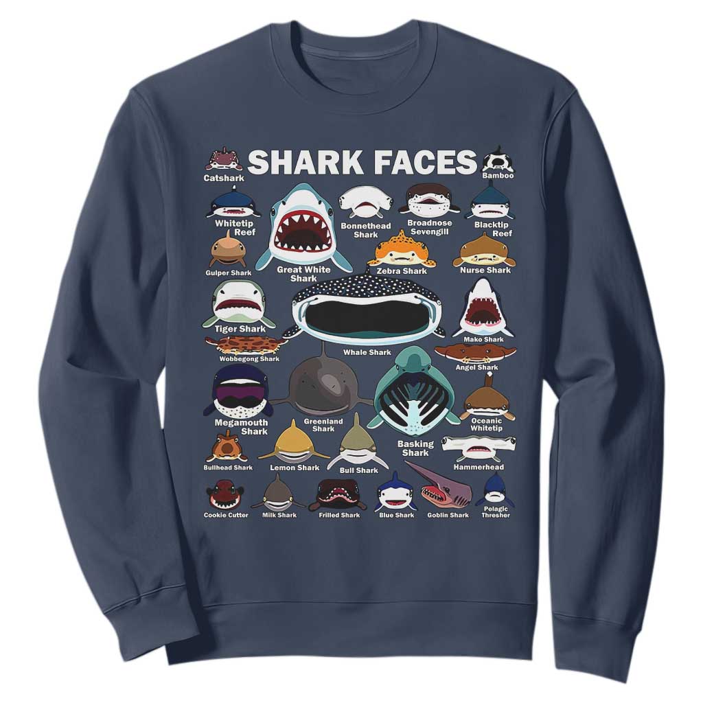 Shark Faces Sweatshirt Type Of Sharks Identification Marine Biology TS02 Navy Print Your Wear