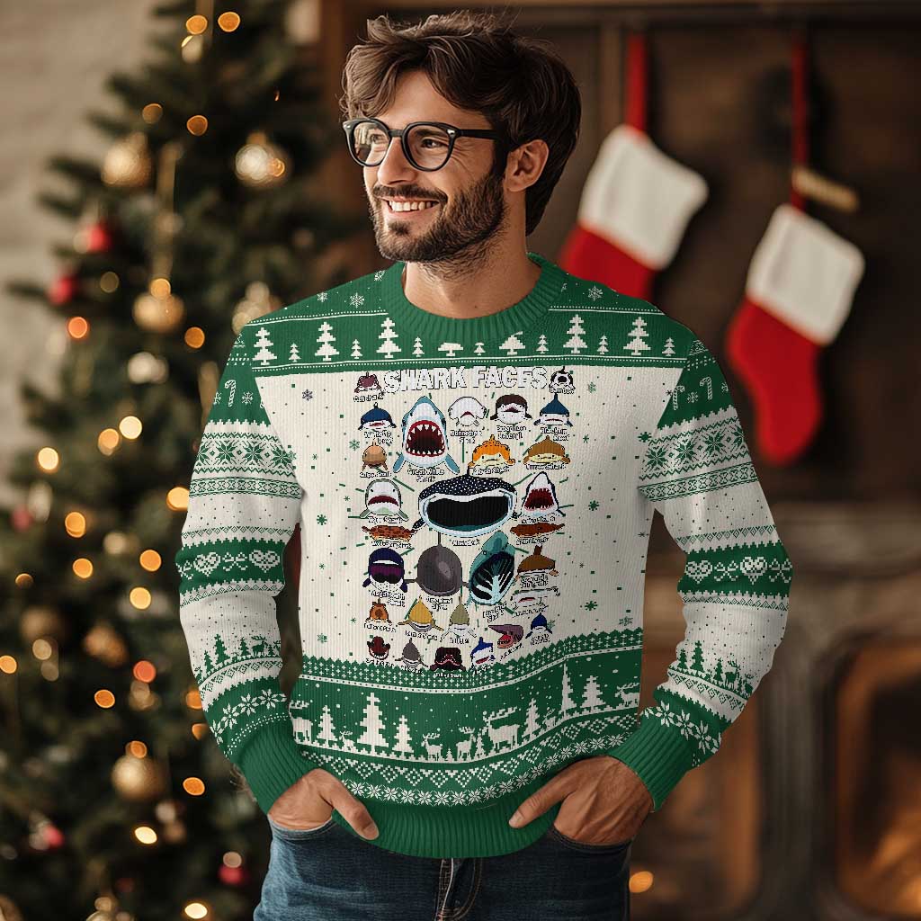 Shark Faces Ugly Christmas Sweater Type Of Sharks Identification Marine Biology TS02 Green Print Your Wear