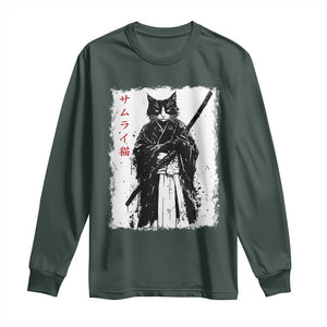 Japanese Samurai Cat Long Sleeve Shirt Retro Vintage Ukiyo-e Warrior Art Graphic TS02 Dark Forest Green Print Your Wear