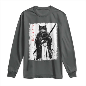 Japanese Samurai Cat Long Sleeve Shirt Retro Vintage Ukiyo-e Warrior Art Graphic TS02 Dark Heather Print Your Wear