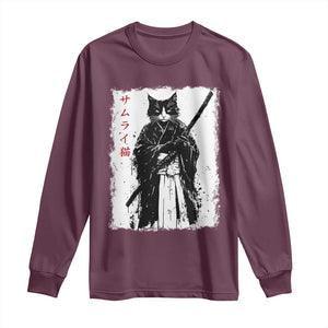 Japanese Samurai Cat Long Sleeve Shirt Retro Vintage Ukiyo-e Warrior Art Graphic TS02 Maroon Print Your Wear