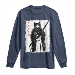 Japanese Samurai Cat Long Sleeve Shirt Retro Vintage Ukiyo-e Warrior Art Graphic TS02 Navy Print Your Wear