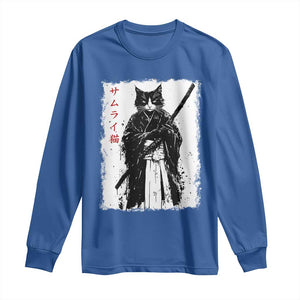 Japanese Samurai Cat Long Sleeve Shirt Retro Vintage Ukiyo-e Warrior Art Graphic TS02 Royal Blue Print Your Wear