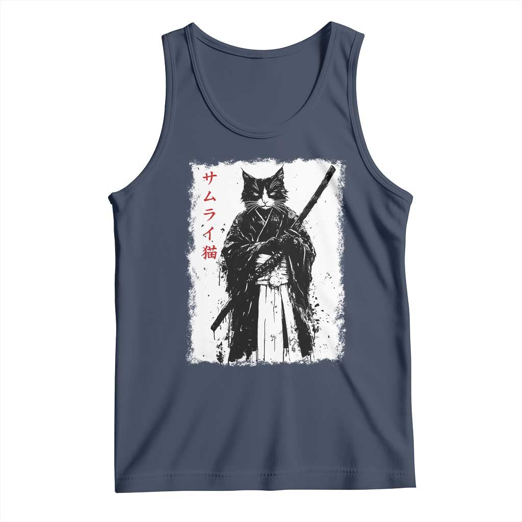 Japanese Samurai Cat Tank Top Retro Vintage Ukiyo-e Warrior Art Graphic TS02 Navy Print Your Wear