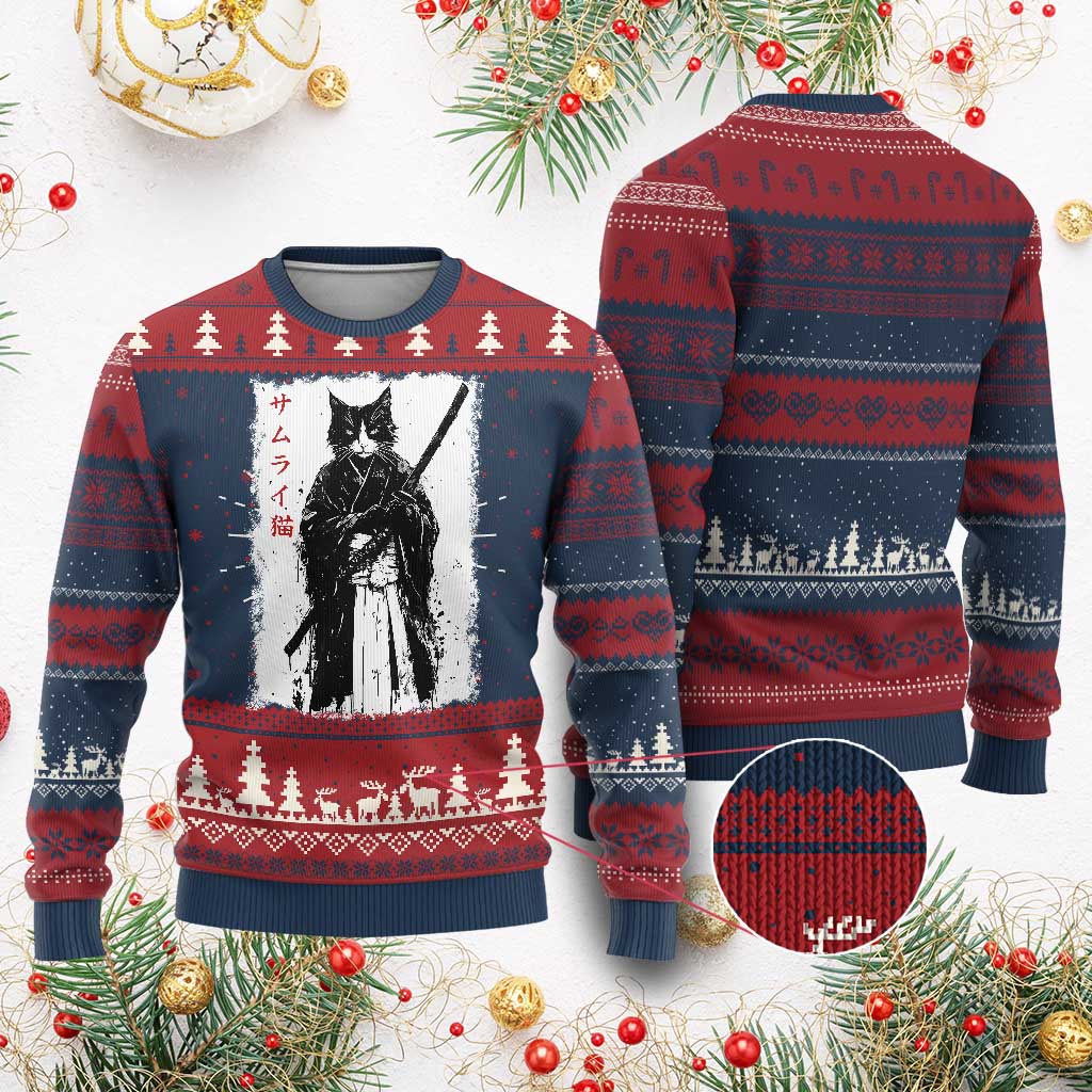 Japanese Samurai Cat Ugly Christmas Sweater Retro Vintage Ukiyo-e Warrior Art Graphic TS02 Burgundy Print Your Wear