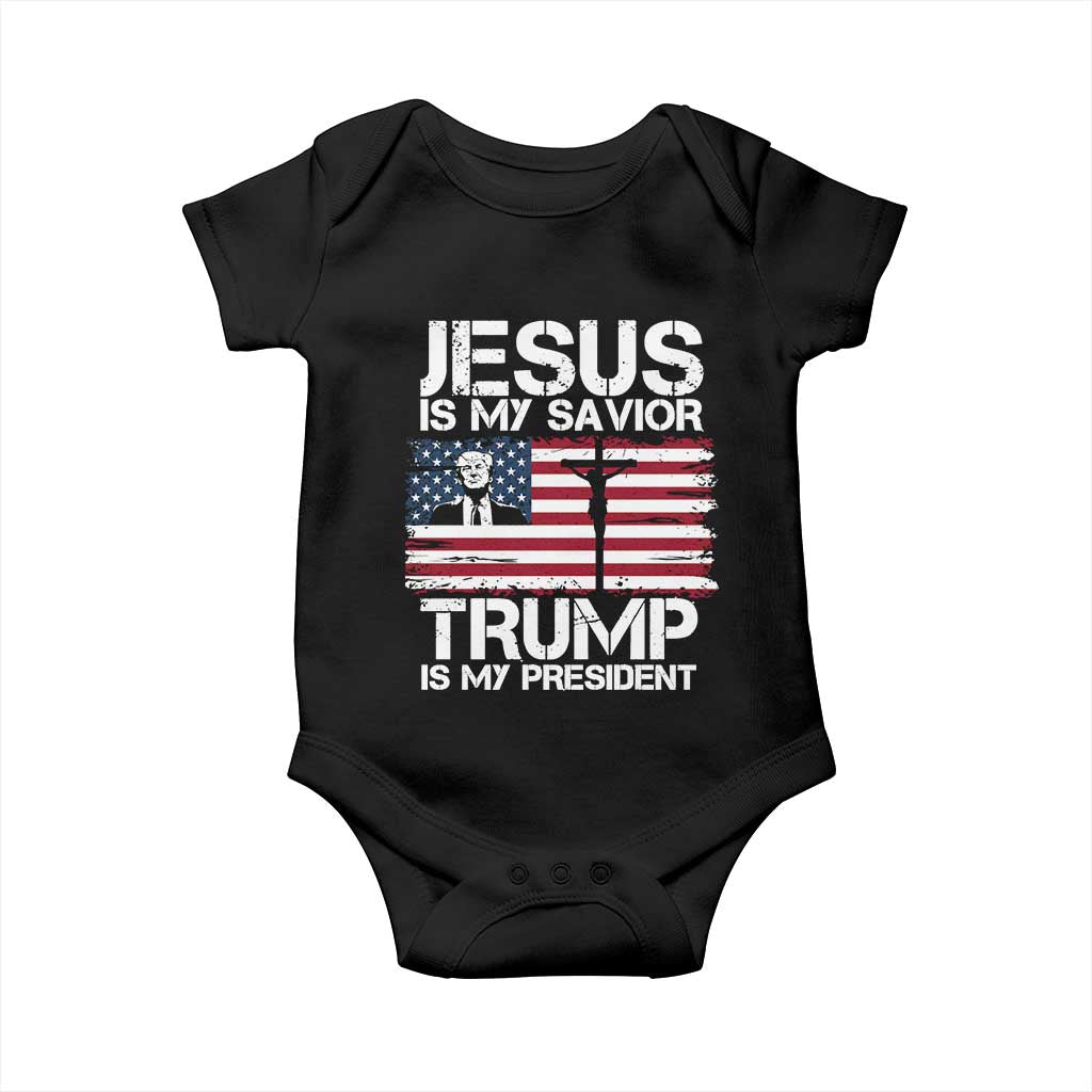 Christian Trump 2024 Baby Onesie Jesus Is My Savior Trump Is My President Christ Cross American Flag TS02 Black Print Your Wear