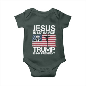 Christian Trump 2024 Baby Onesie Jesus Is My Savior Trump Is My President Christ Cross American Flag TS02 Dark Forest Green Print Your Wear