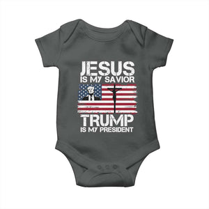 Christian Trump 2024 Baby Onesie Jesus Is My Savior Trump Is My President Christ Cross American Flag TS02 Dark Heather Print Your Wear