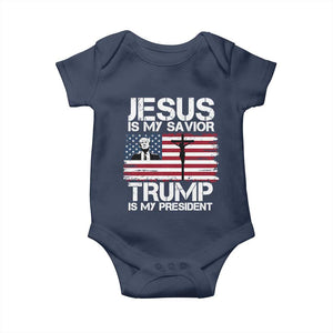 Christian Trump 2024 Baby Onesie Jesus Is My Savior Trump Is My President Christ Cross American Flag TS02 Navy Print Your Wear