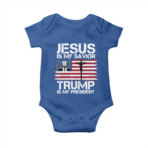 Christian Trump 2024 Baby Onesie Jesus Is My Savior Trump Is My President Christ Cross American Flag TS02 Royal Blue Print Your Wear