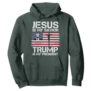 Christian Trump 2024 Hoodie Jesus Is My Savior Trump Is My President Christ Cross American Flag TS02 Dark Forest Green Print Your Wear